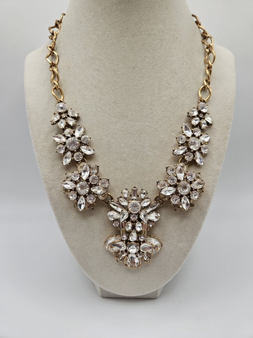 J. Crew Clear Cubic Zirconia Rhinestone Gold Tone Statement Necklace Signed